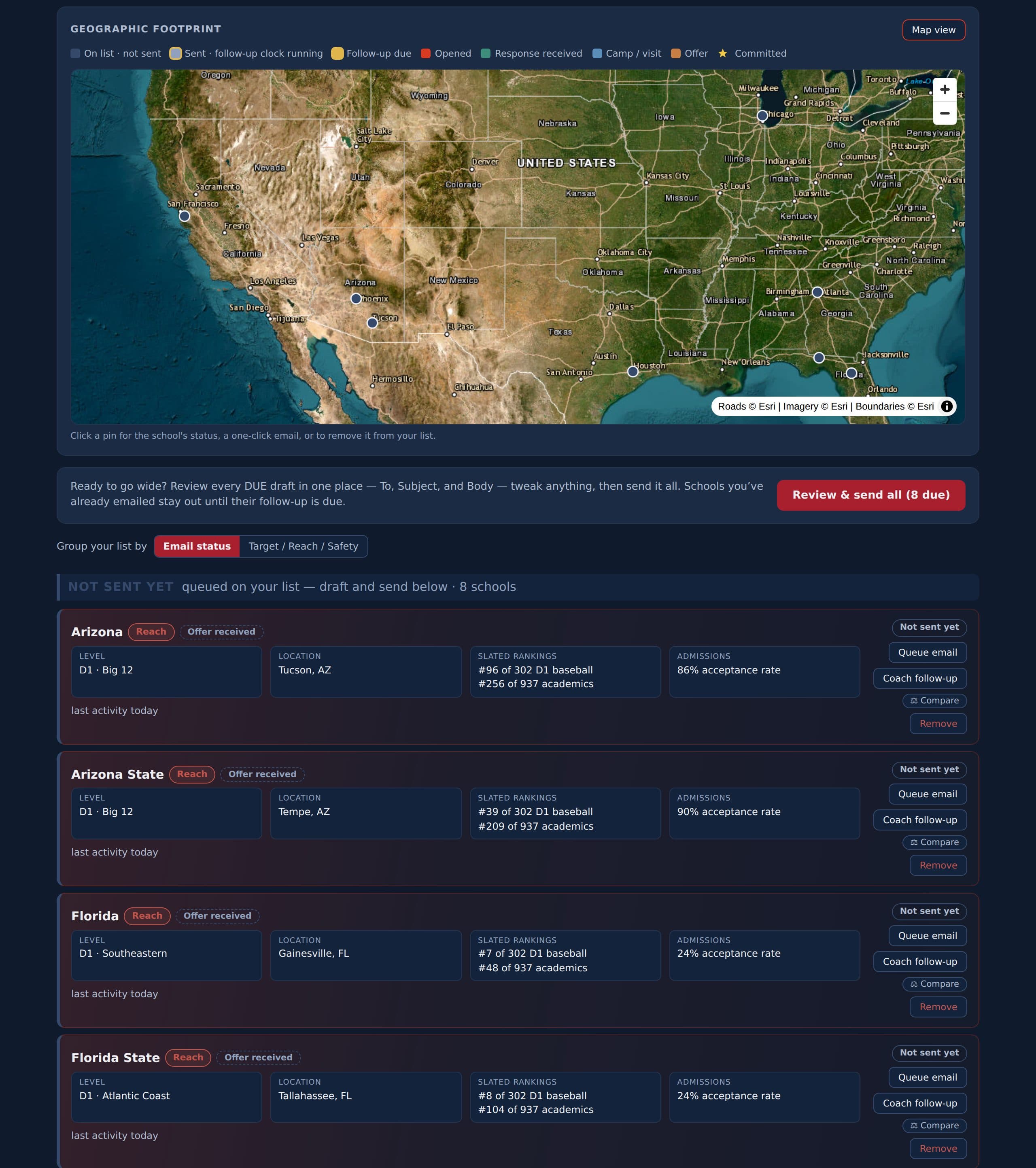 My Outreach: the geographic footprint map and the school list with tracked emails